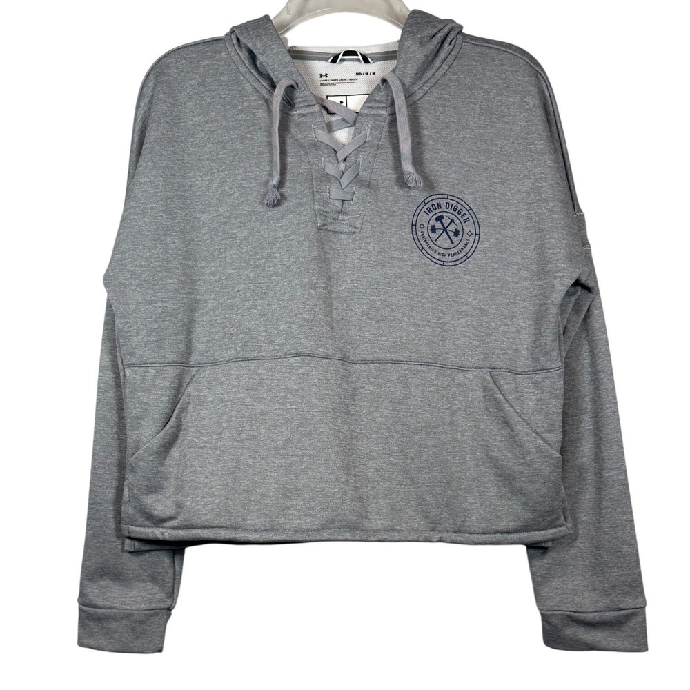 Under Armour Womens Iron Digger Lace Up Hoodie Grey Loose Fit Cropped Medium